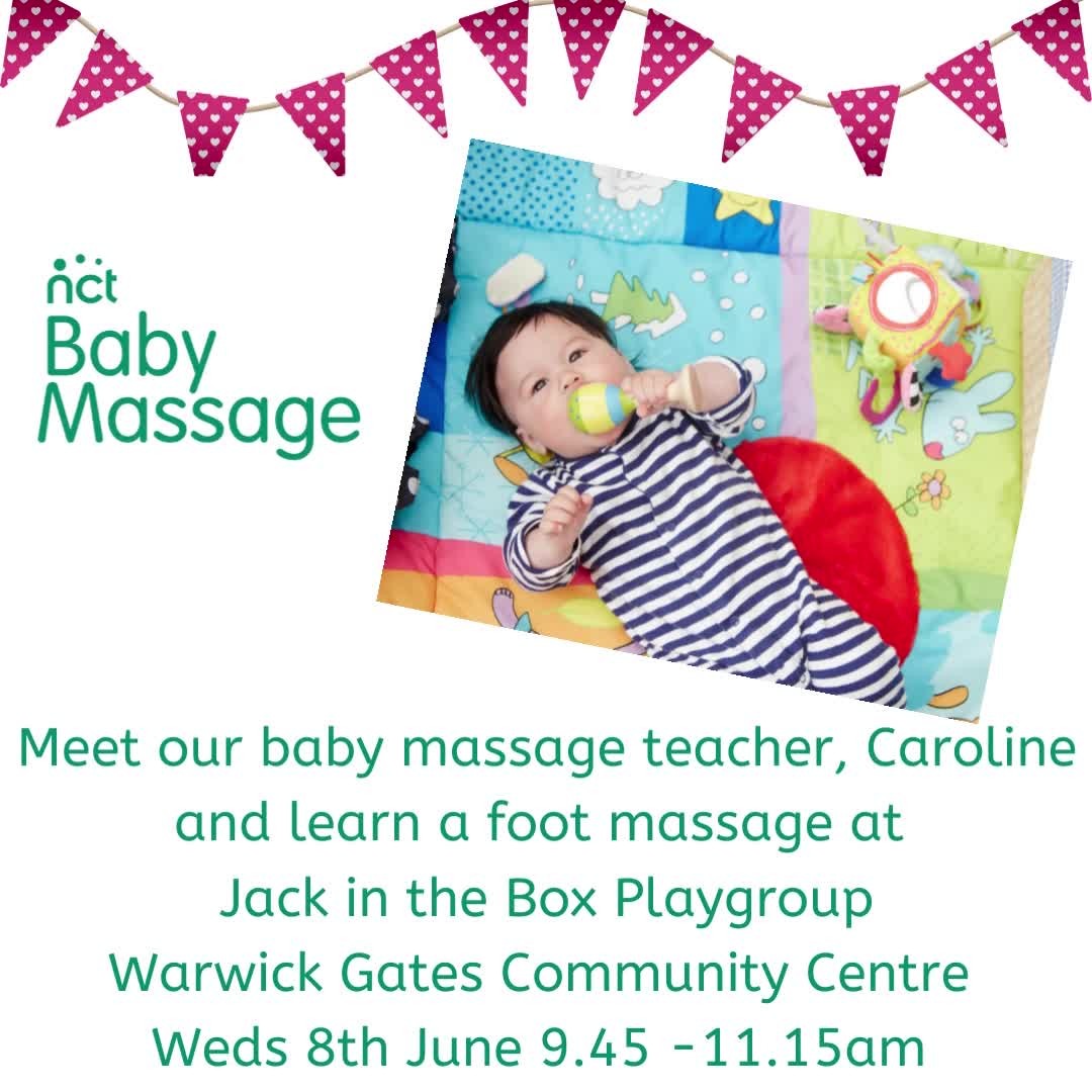 I am looking forwards to visiting Jack in the Box Toddler Group 
on Weds 8th June 9.45 - 11.15 at Warwick Gates community centre to provide a baby massage taster session. Come along to try out a new playgroup, make friends and learn how to give your baby a foot massage.

@nctcharity @nctwarwickshirecentral 

#babymassage #infantmassage #babymassagewarwick #warwickplaygroup #heathcotebabygroup